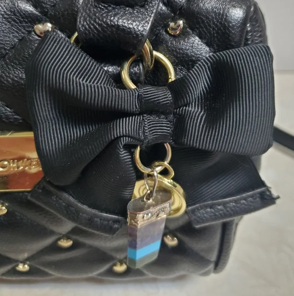 Betsey Johnson Mini Satchel Purse Be-Mine Heart Stud Crossbody Bag Quilted Black - Picture 3 of 5